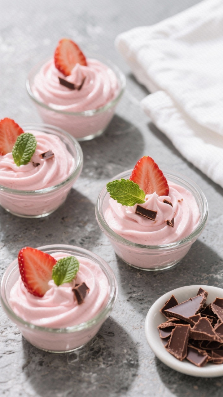 Tasty top view: Overhead shot of set keto strawberry mousse in small glass ramekins, pale pink and u