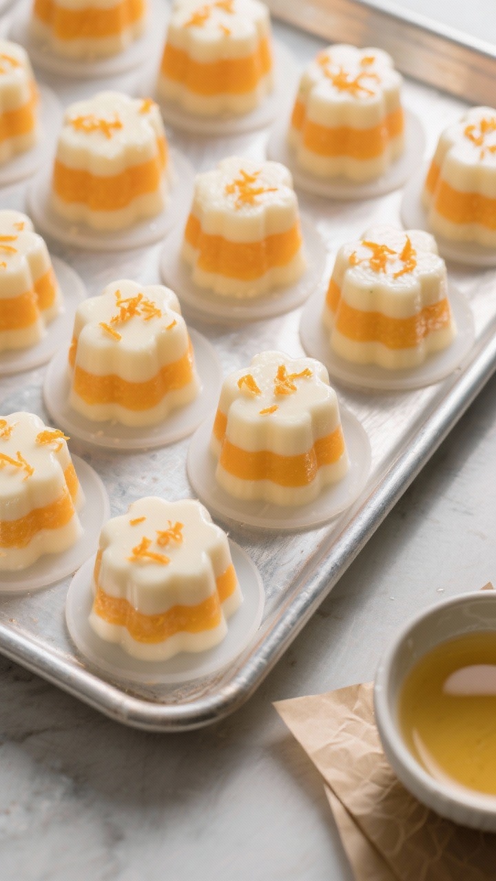 Tasty top view: Overhead shot of silicone gummy molds filled with the orange creamsicle mixture, cav
