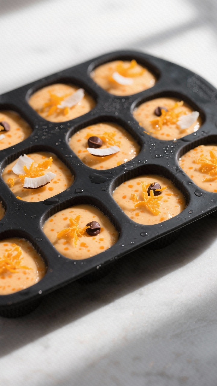 Tasty top view: Overhead shot of silicone molds filled with the orange-speckled mixture, neatly tapp