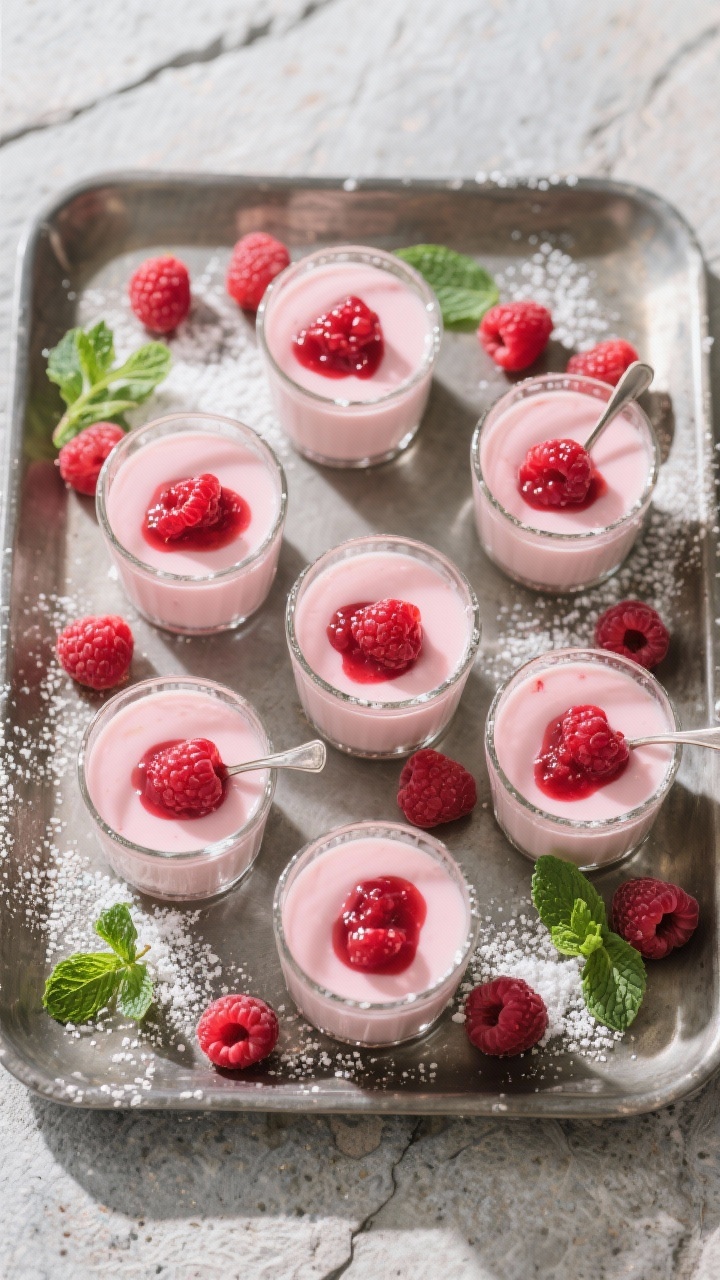 Tasty top view: Overhead shot of six small glasses filled with perfectly set raspberry panna cotta a