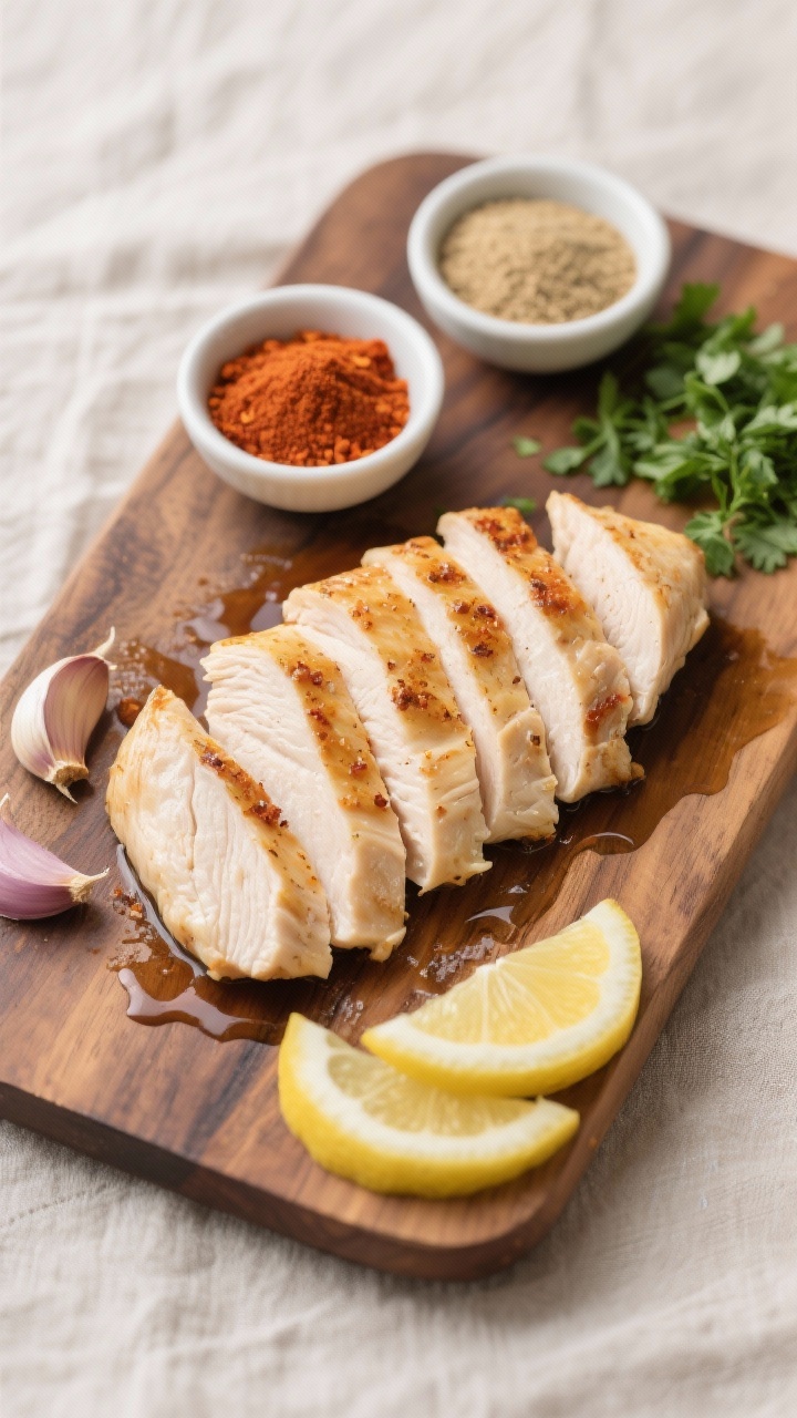 Tasty top view: Overhead shot of sliced chicken breast cutlets rested and cut against the grain, fan