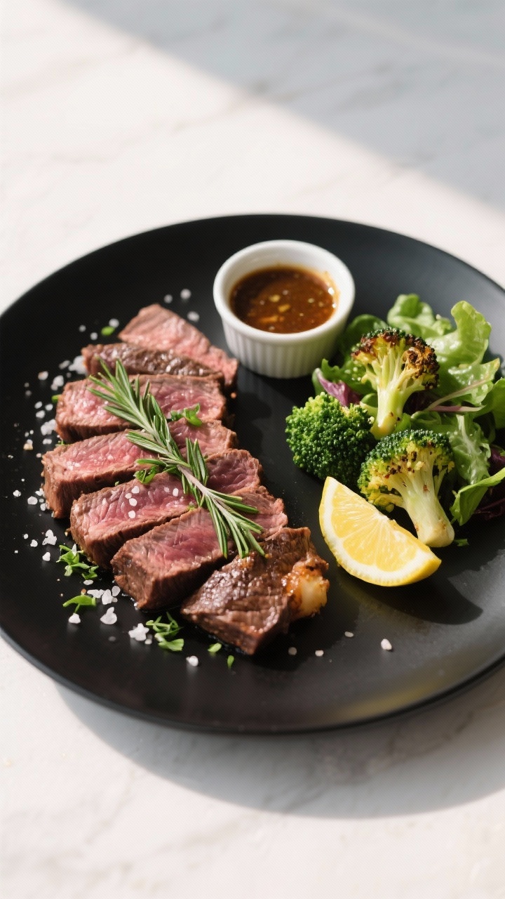Tasty top view: Overhead shot of sliced skirt steak arranged fan-style on a matte black plate, sprin