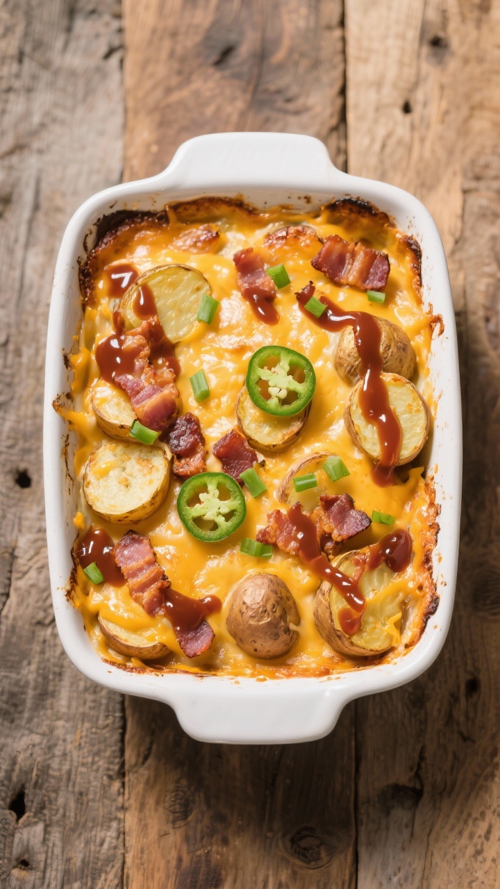 Tasty top view: Overhead shot of the assembled casserole just out of the oven—golden, bubbly chedd