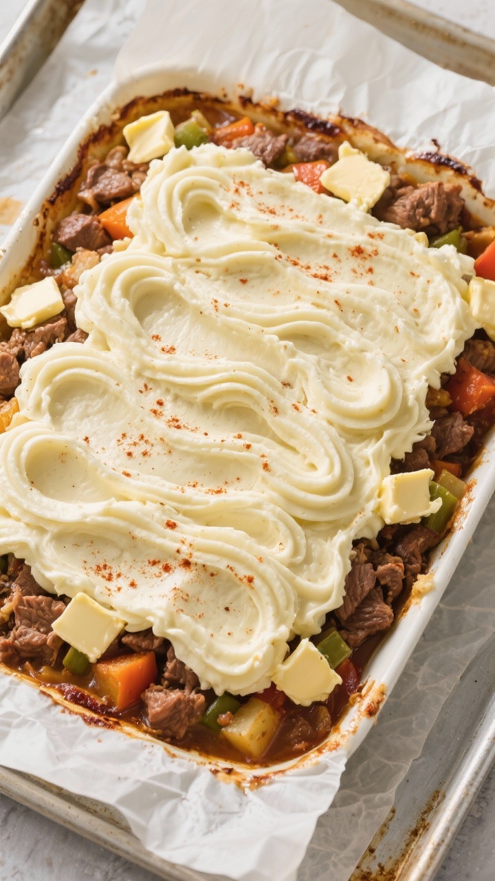 Tasty top view: Overhead shot of the assembled casserole before baking—rich meat-and-veg base full