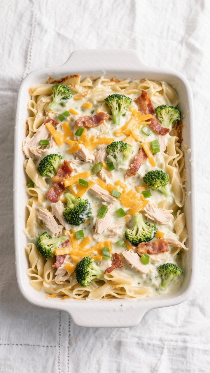 Tasty top view: Overhead shot of the assembled casserole in a 9x13 baking dish before baking—pasta