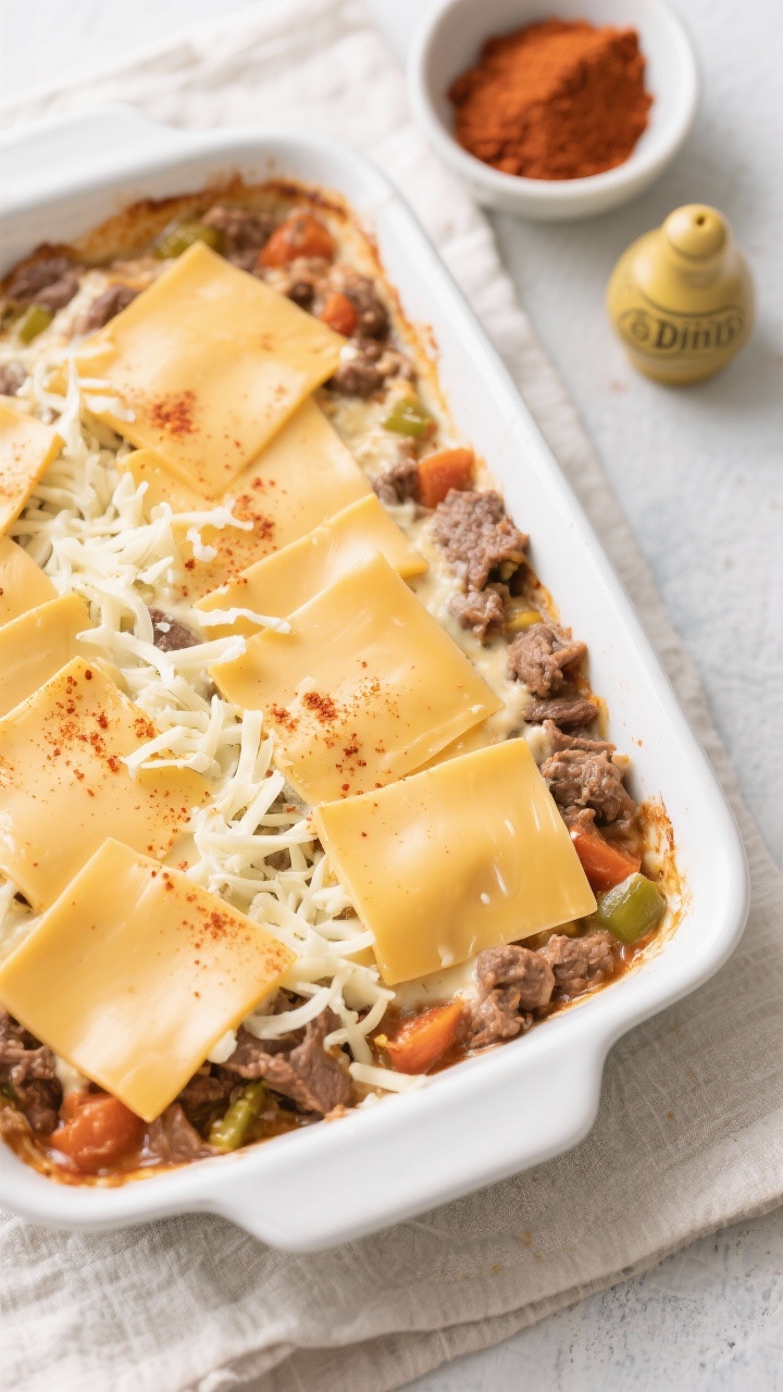 Tasty top view: Overhead shot of the assembled casserole before baking, even layer of provolone slic