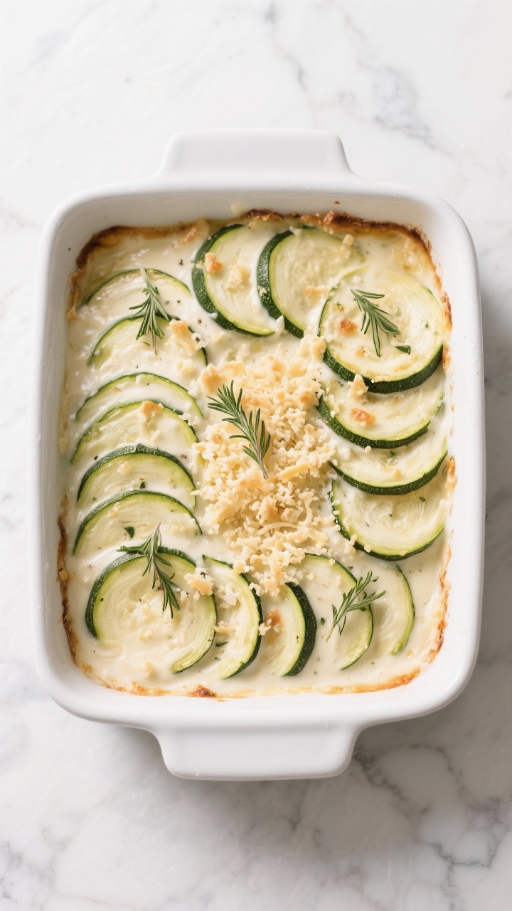Tasty top view: Overhead shot of the assembled gratin in a 9x9 baking dish before baking, fully cook