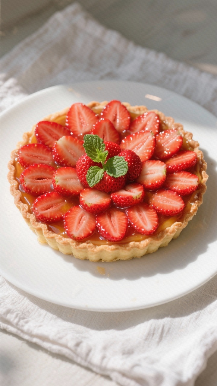 Tasty top view: Overhead shot of the assembled strawberry tart with concentric circles of halved, hu
