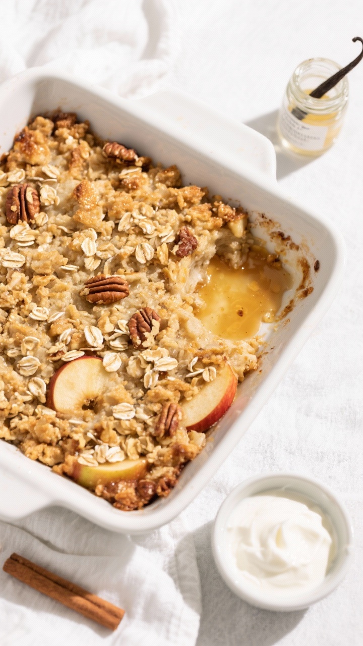 Tasty top view: Overhead shot of the baked apple crisp in a 9-inch square dish, topping evenly golde