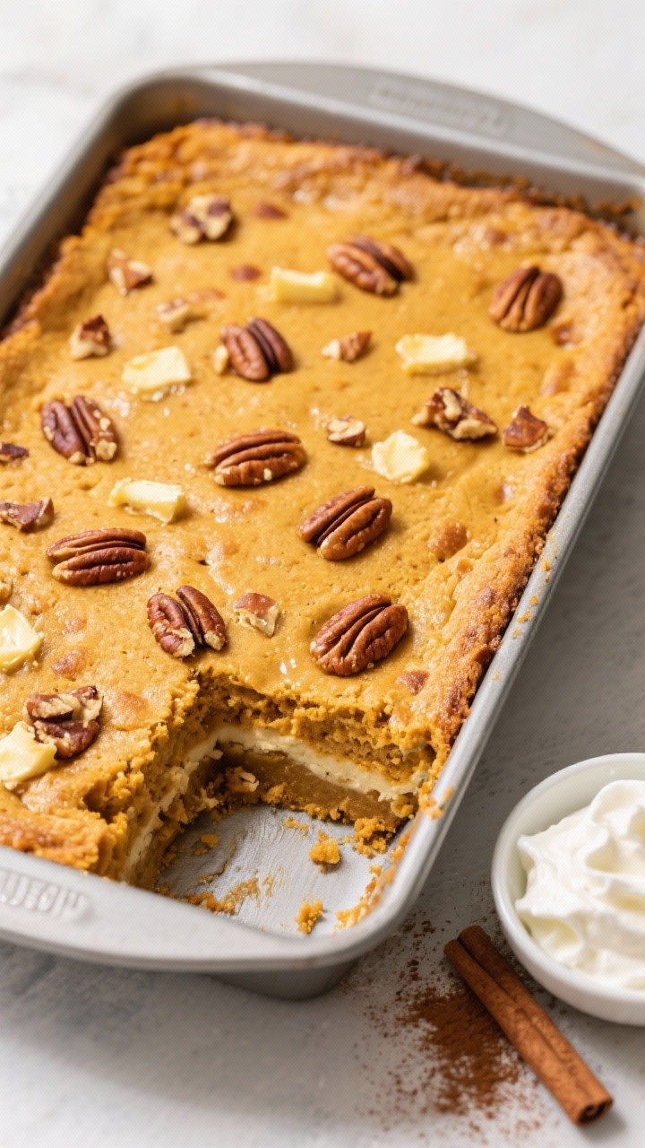 Tasty top view: Overhead shot of the baked Pumpkin Pie Dump Cake in a 9x13 pan, top evenly golden wi
