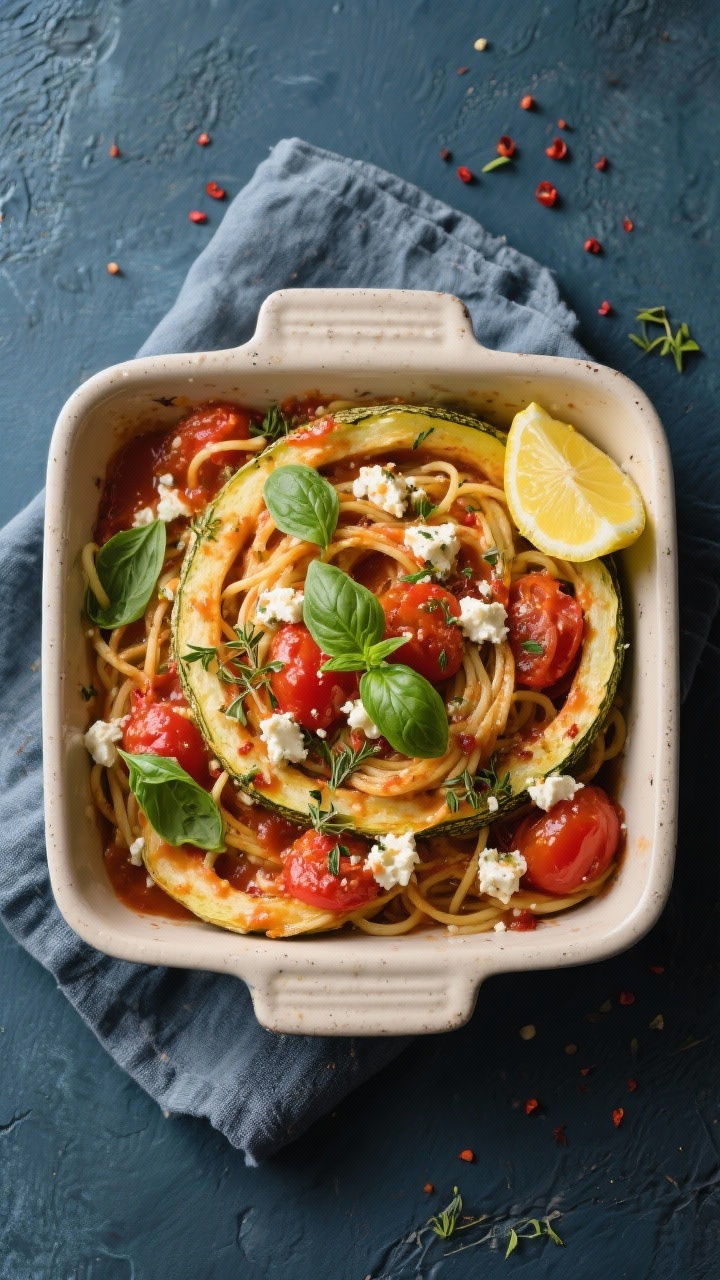 Tasty top view: Overhead shot of the feta-tomato pan tossed with spaghetti squash strands, sauce cli