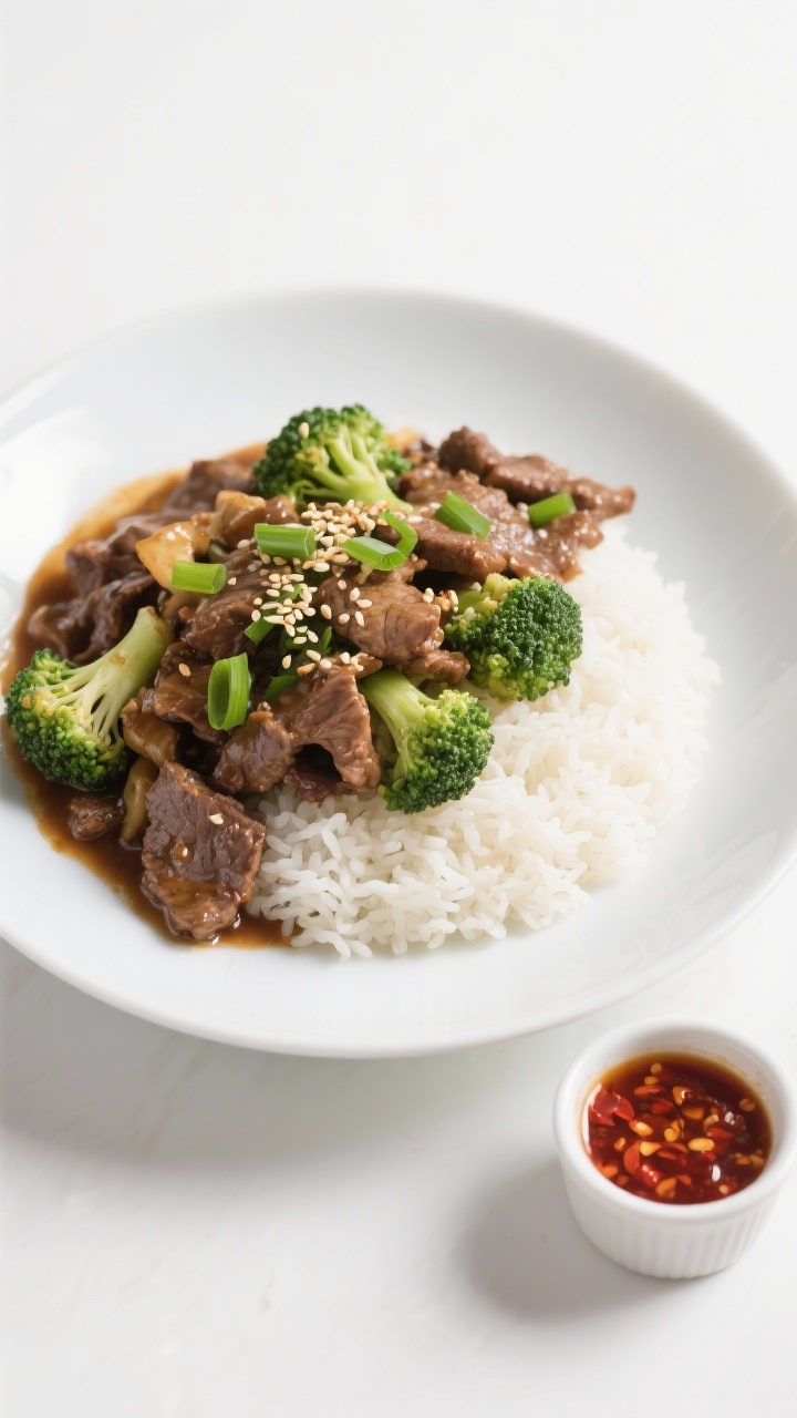 Tasty top view: Overhead shot of the final beef and broccoli served over fluffy jasmine rice in a wi