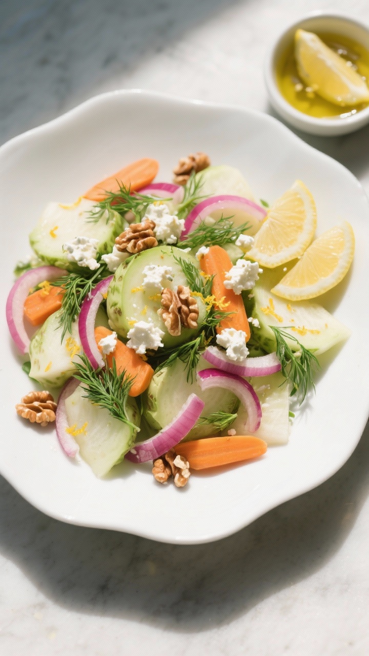 Tasty top view: Overhead shot of the final kohlrabi salad arranged on a wide, white shallow bowl—c