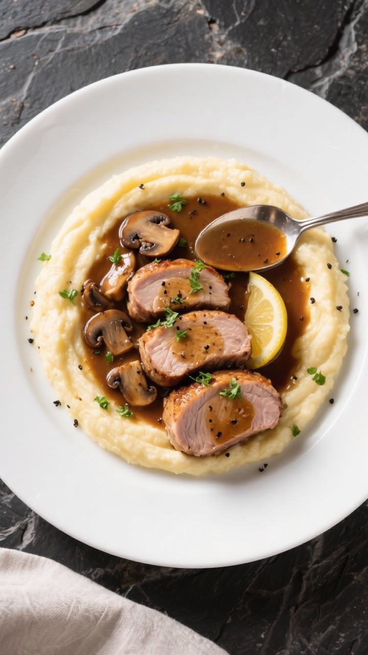 Tasty top view: Overhead shot of the final plated Stuffed Pork Marsala—three medallions fanned ove