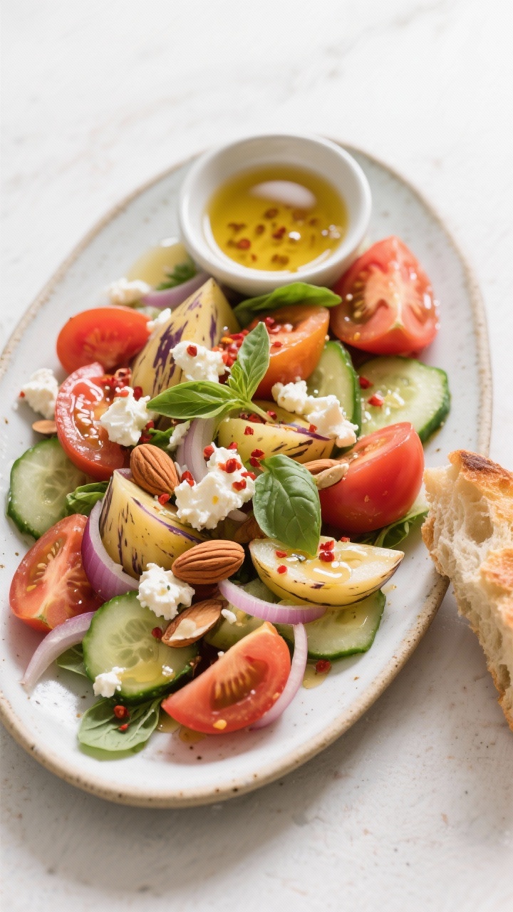 Tasty top view: Overhead shot of the final Tomato Salad With Goat Cheese—vibrant mix of heirloom w