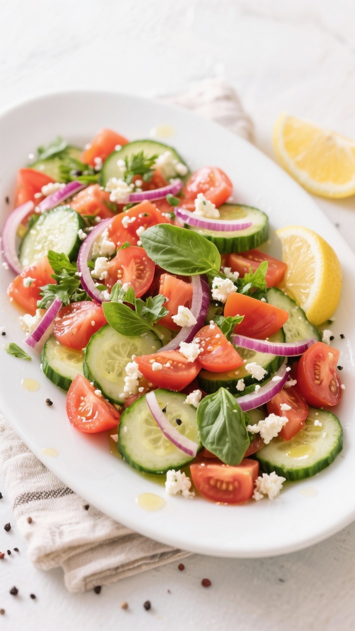 Tasty top view: Overhead shot of the final Tomato Cucumber Salad plated family-style in a wide, shal