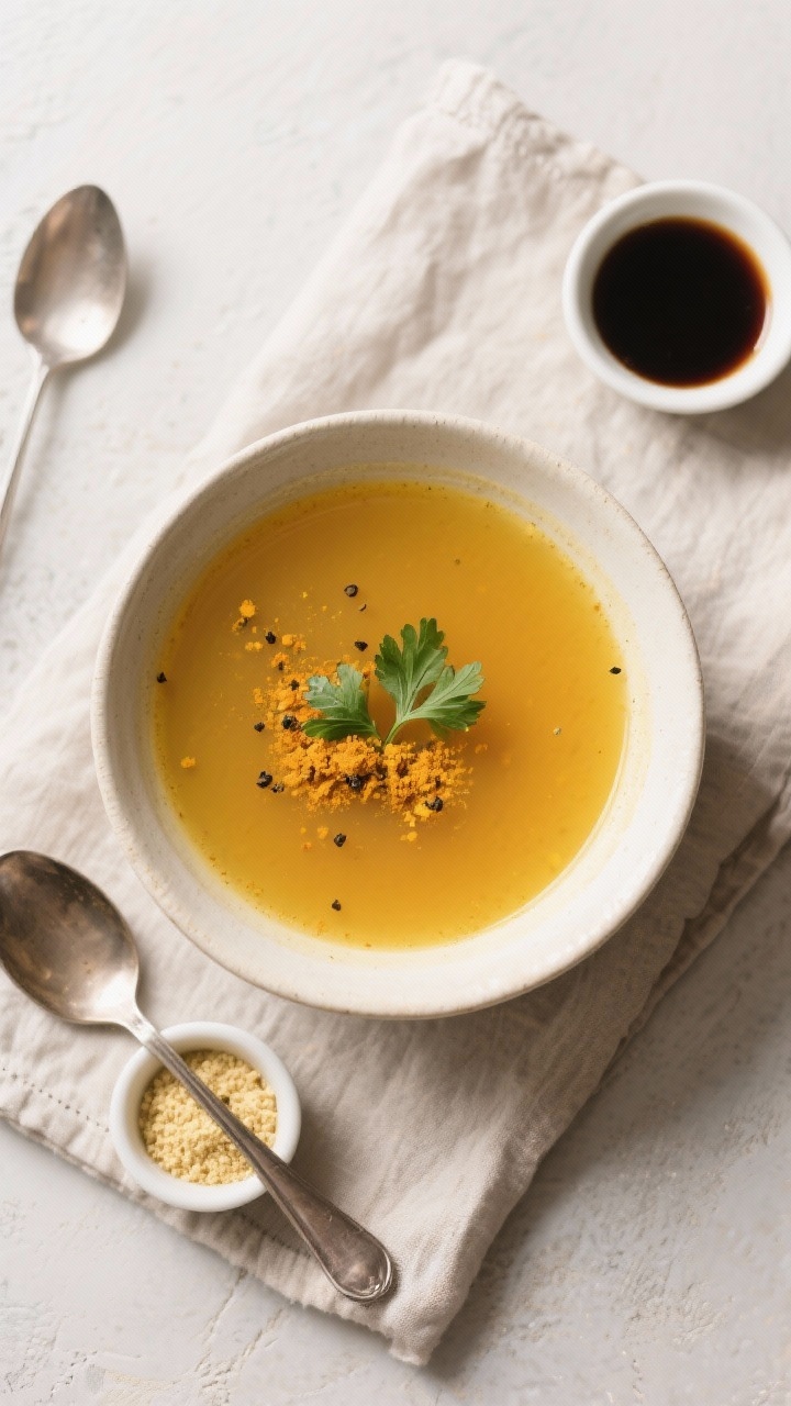 Tasty top view: Overhead shot of the finished broth substitute in a wide, low bowl, luminous golden