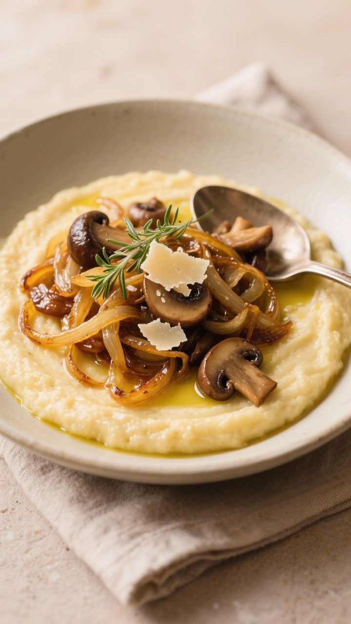 Tasty top view: Overhead shot of the finished caramelized onions and mushrooms spooned onto creamy p