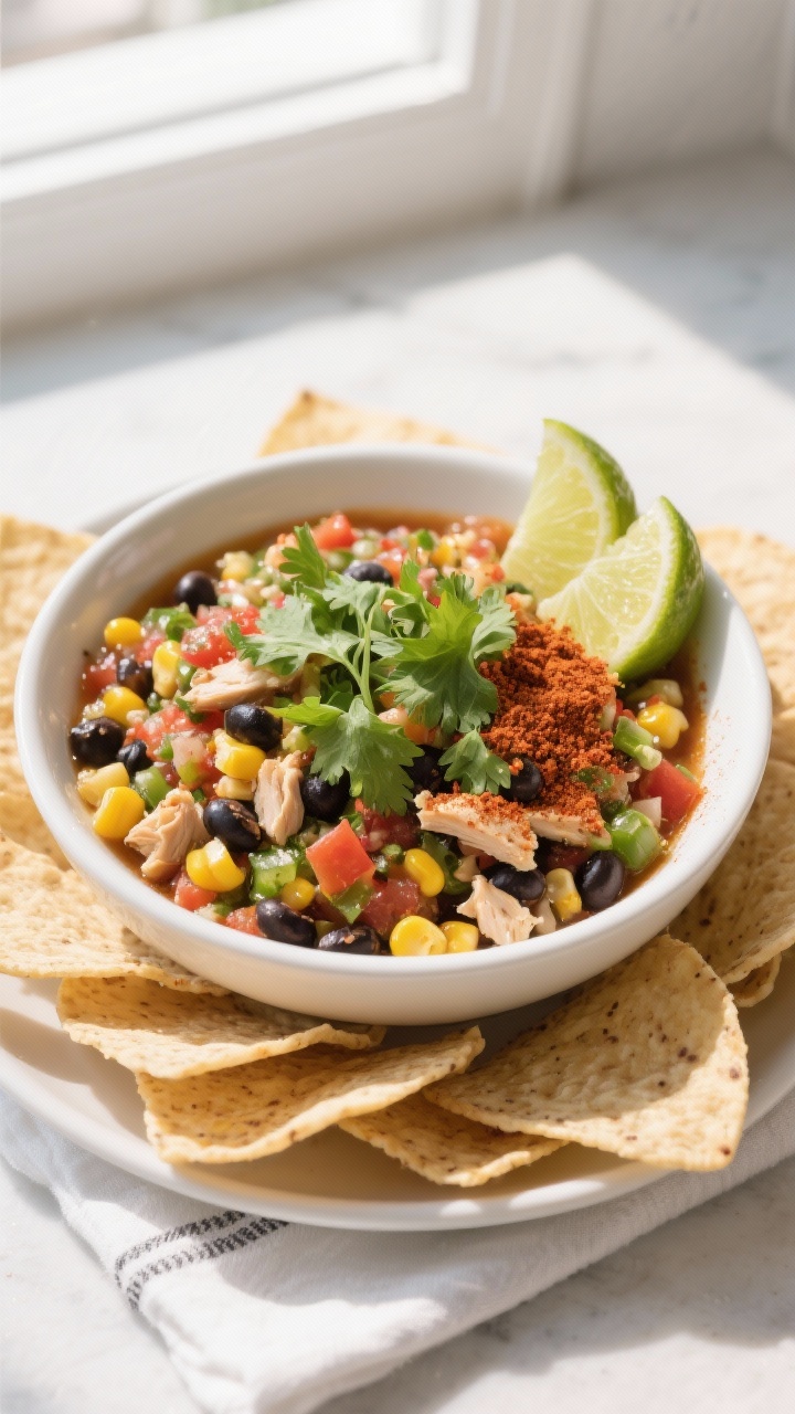 Tasty top view: Overhead shot of the finished Chicken Black Bean Corn Salsa served as a hearty party