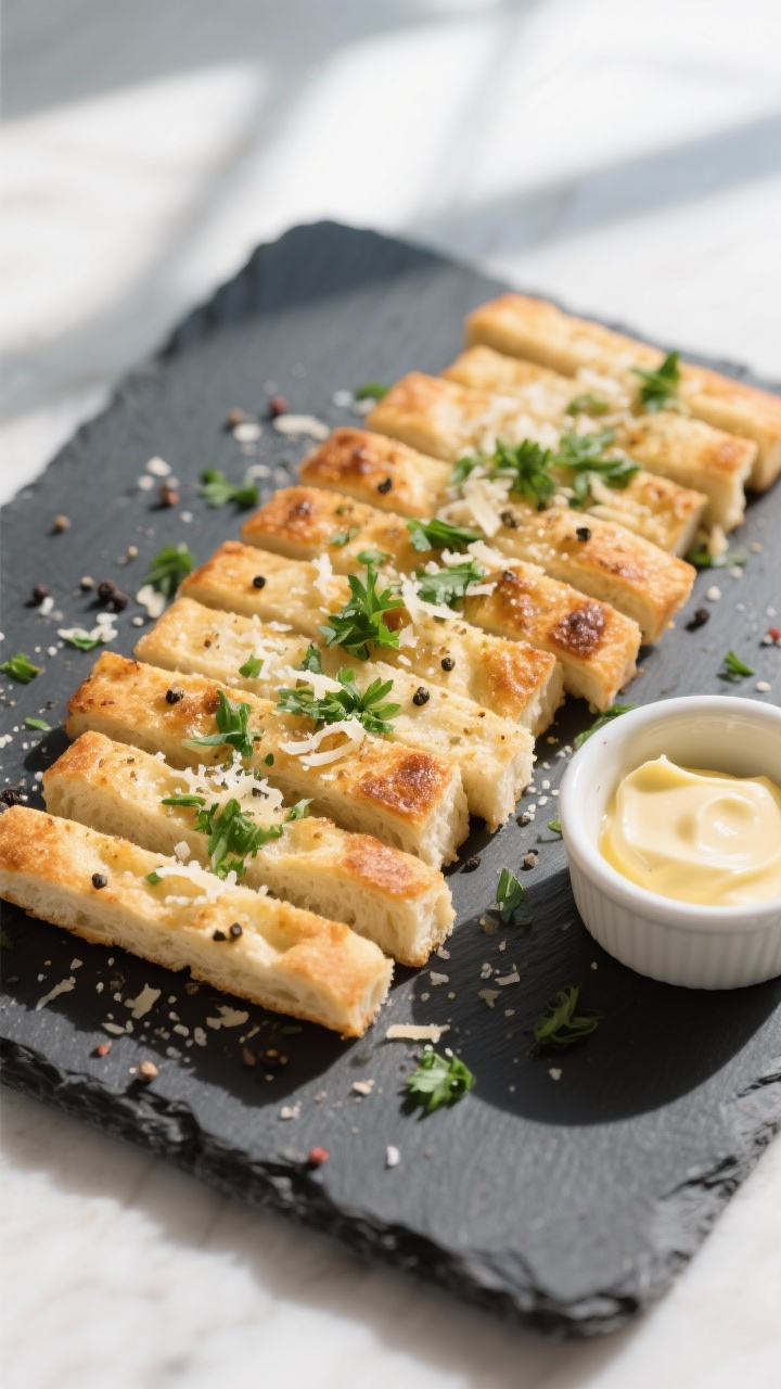 Tasty top view: Overhead shot of the finished keto garlic bread sliced into uniform sticks on a dark