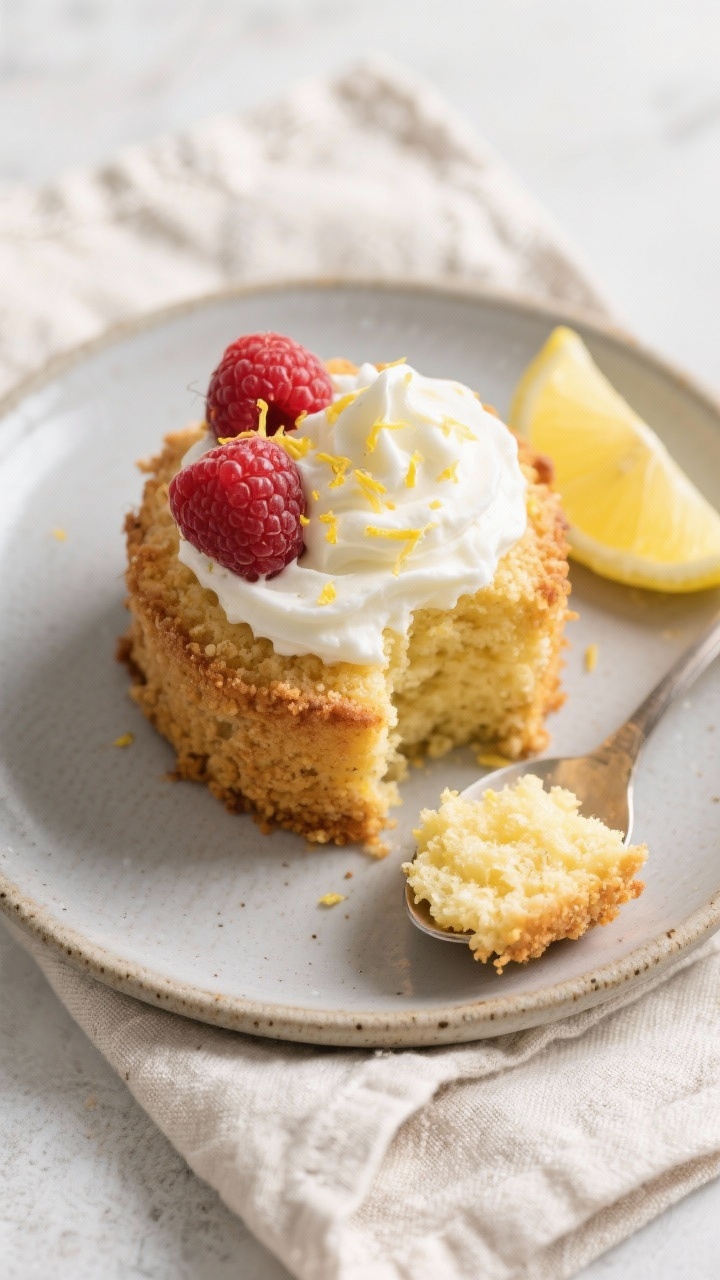 Tasty top view: Overhead shot of the finished keto lemon mug cake turned out onto a small matte cera