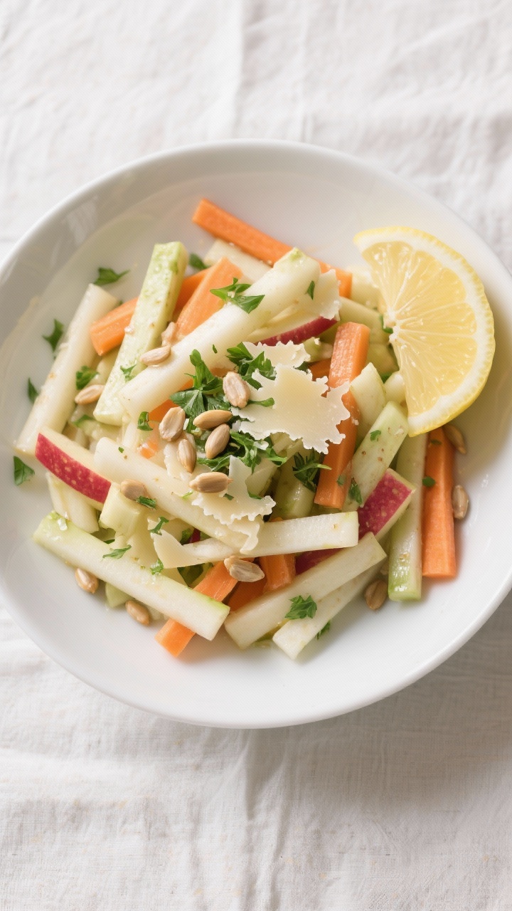 Tasty top view: Overhead shot of the finished kohlrabi salad neatly arranged in a wide, low white bo