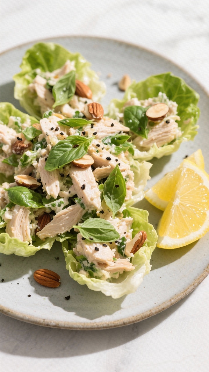 Tasty top view: Overhead shot of the finished Lemon Basil Chicken Salad piled into butter lettuce cu