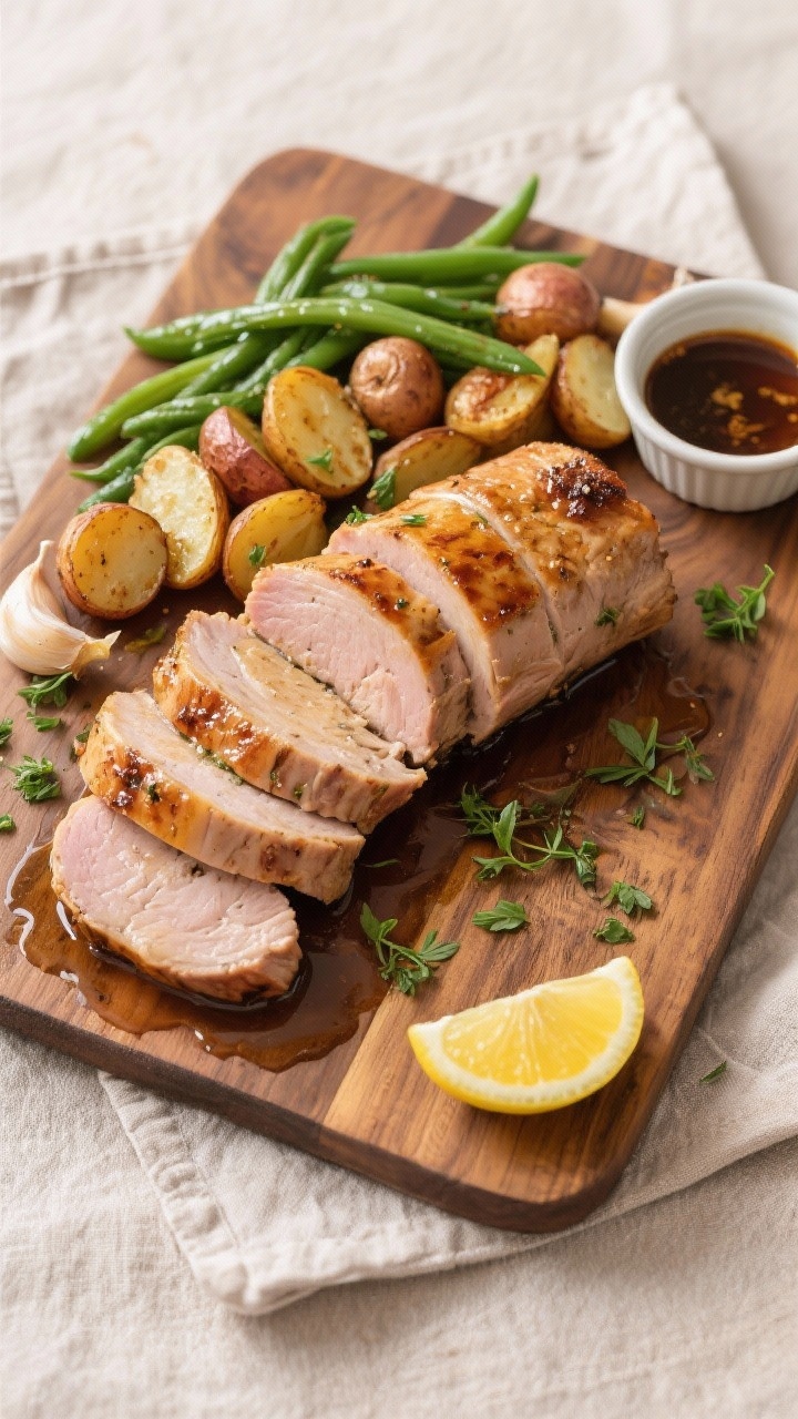 Tasty top view: Overhead shot of the finished pork tenderloin sliced into 1/2-inch medallions on a w