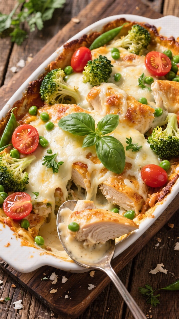 Tasty top view: Overhead shot of the finished Primavera Cheesy Chicken Bake with mozzarella stretch