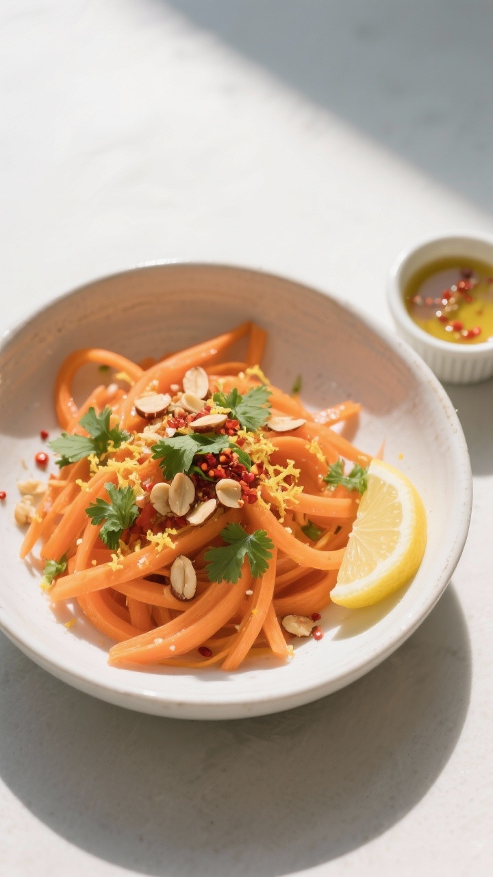 Tasty top view: Overhead shot of the finished raw carrot salad in a wide, white ceramic bowl, evenly