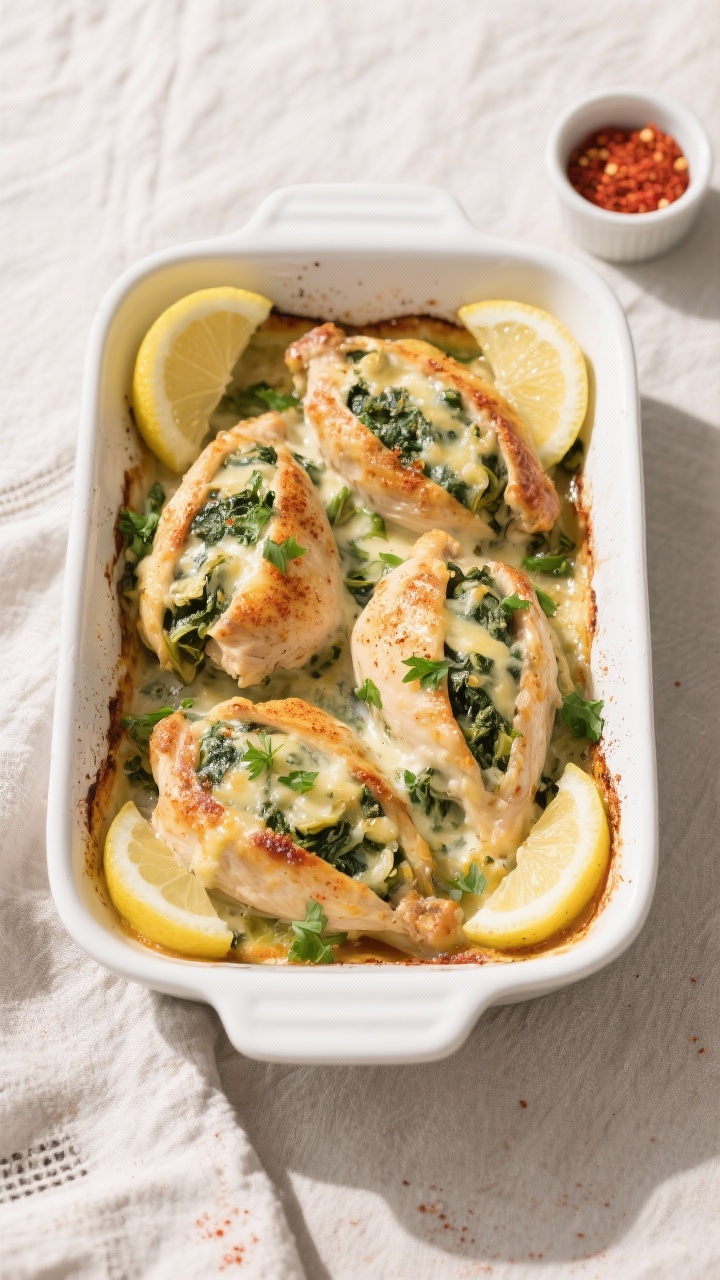 Tasty top view: Overhead shot of the finished spinach artichoke stuffed chicken in a baking dish, fo