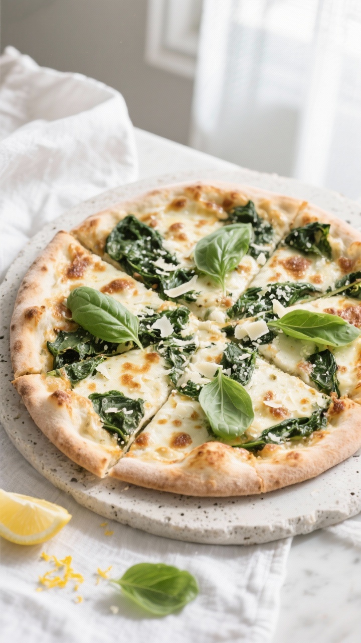 Tasty top view: Overhead shot of the finished white spinach pizza on a pizza stone, evenly sliced, s