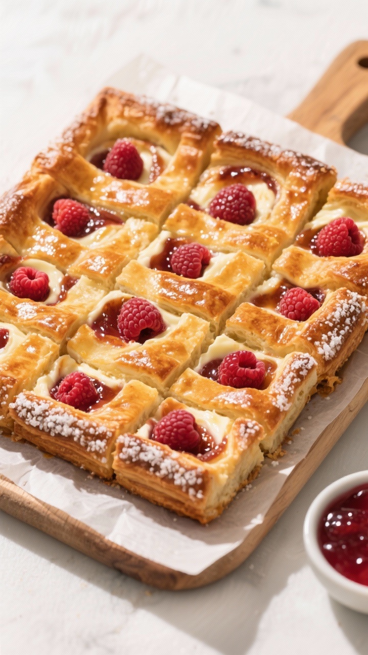 Tasty top view: Overhead shot of the full, cooled danish cut into neat squares, showcasing crisp, go
