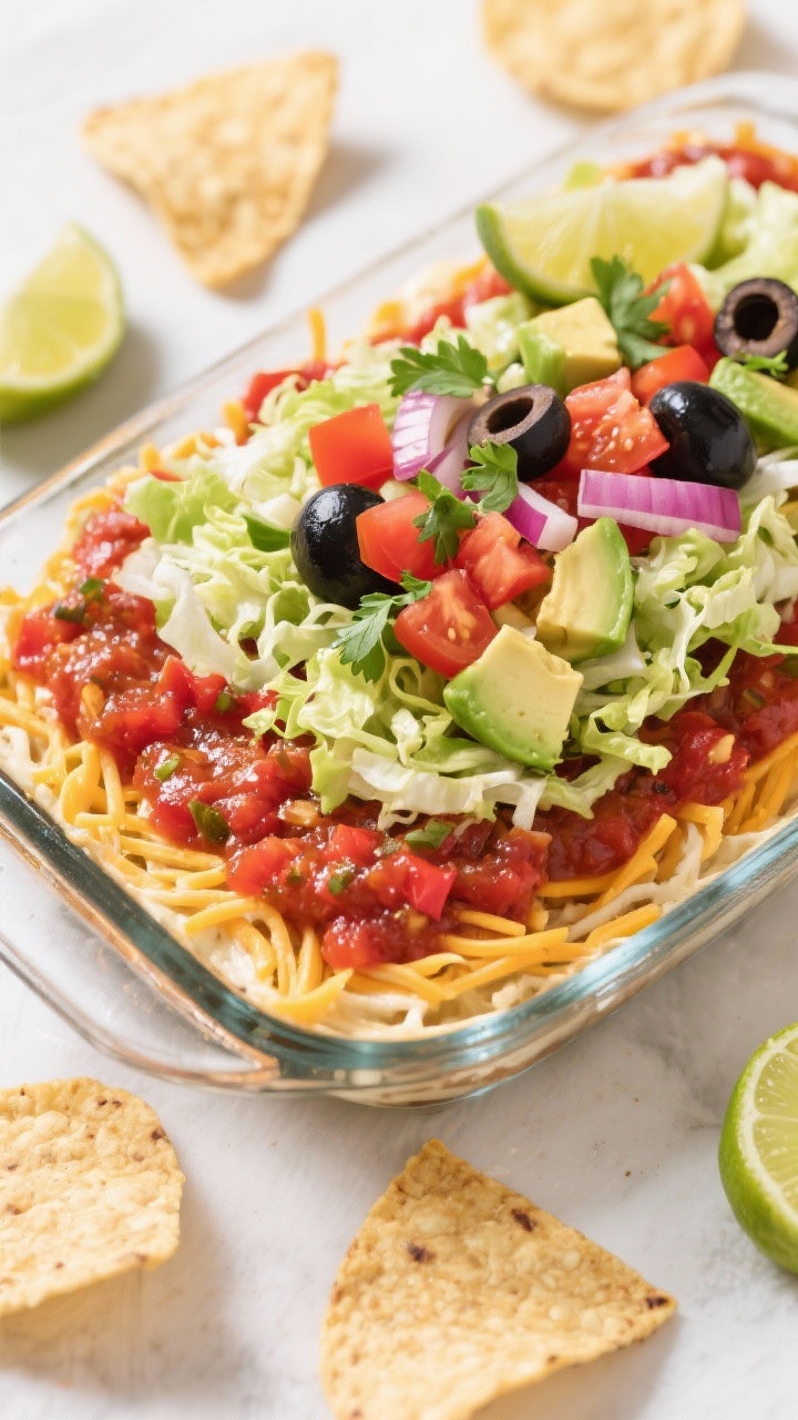 Tasty top view: Overhead shot of the fully assembled Layered Taco Dip in a clear glass dish, distinc