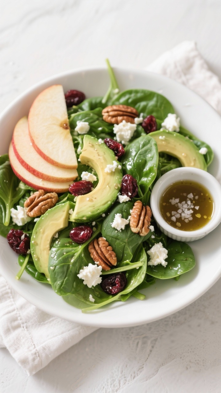 Tasty top view: Overhead shot of the fully assembled Baby Spinach Salad in a wide white shallow bowl
