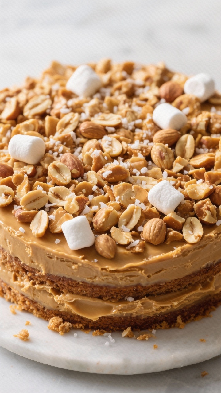 Tasty top view: Overhead shot of the fully assembled Payday Cake before chilling—caramel and peanu