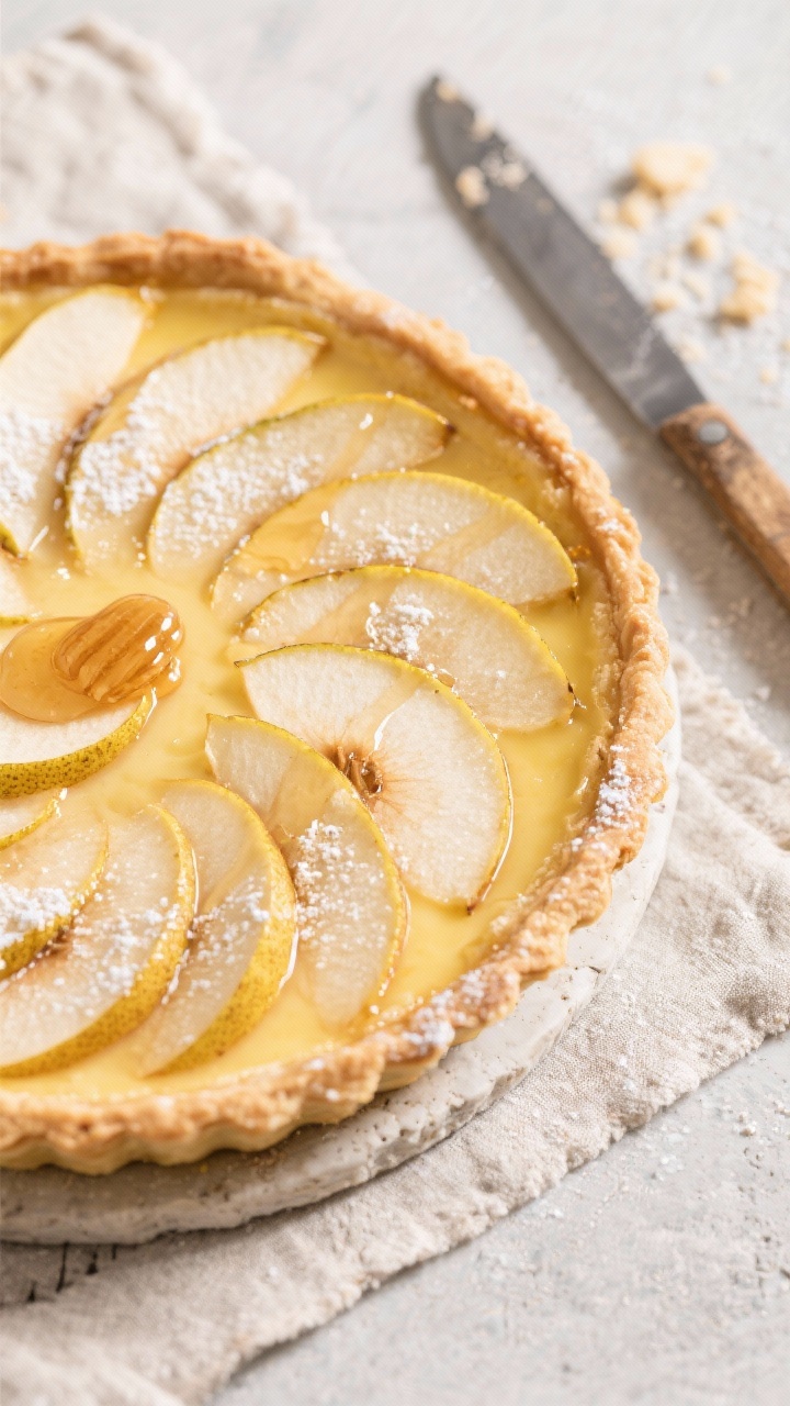 Tasty top view: Overhead shot of the fully baked pear custard pie with pear slices arranged in a spi