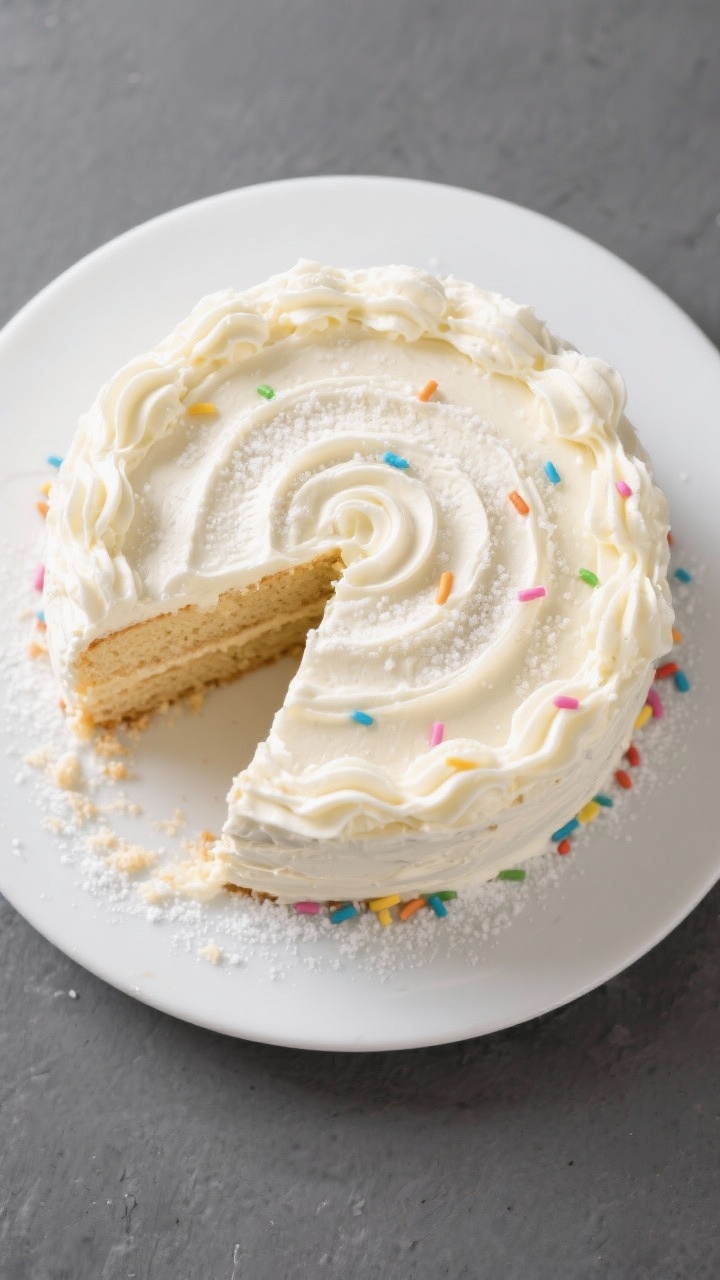Tasty top view: Overhead shot of the fully cooled keto vanilla cake frosted with silky cream cheese 