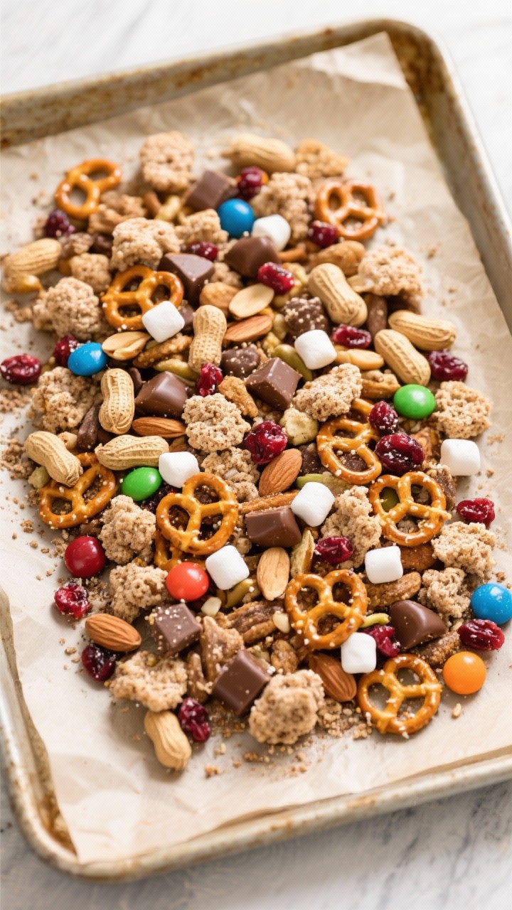 Tasty top view: Overhead shot of the fully mixed Muddy Buddy Trail Mix spread on a parchment-lined b
