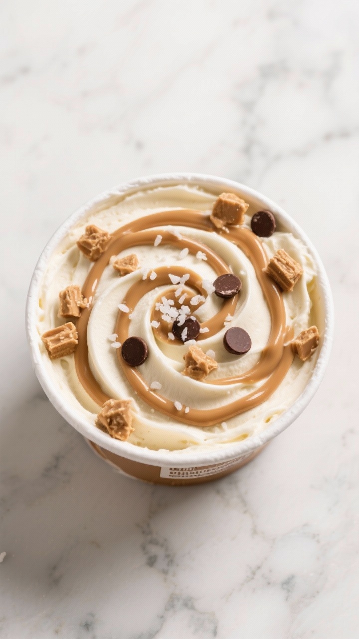 Tasty top view: Overhead shot of the ice cream container just after layering—neat waves of churned