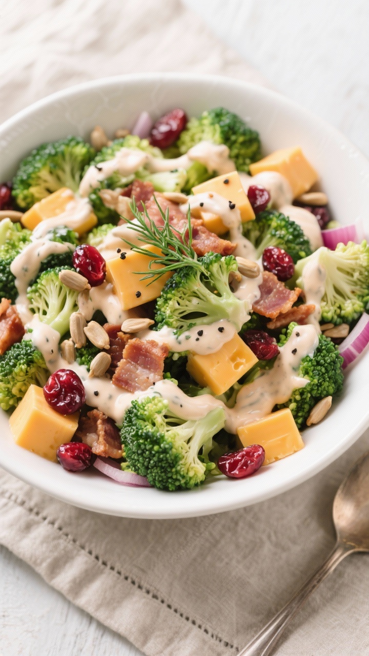 Tasty top view: Overhead shot of the mixed Bacon Ranch Cheddar Broccoli Salad in a wide white servin