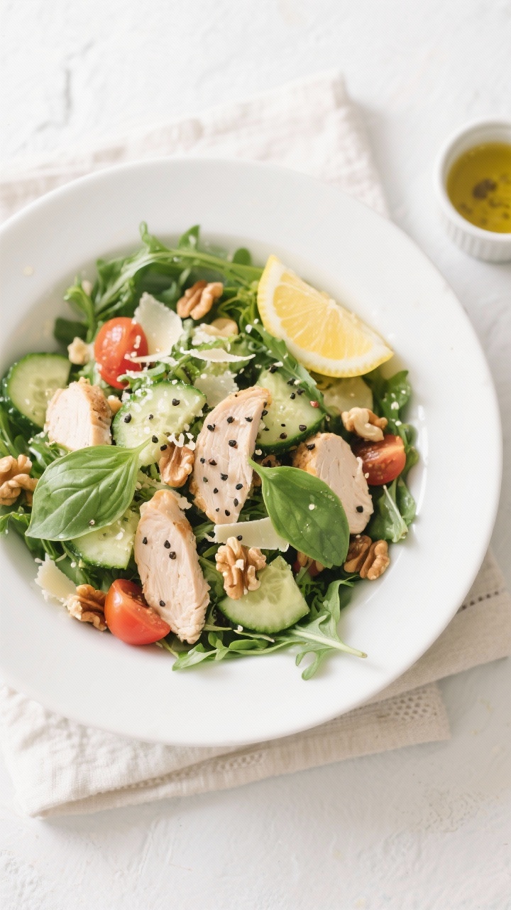 Tasty top view: Overhead shot of the salad served in a wide, shallow white bowl over a bed of arugul