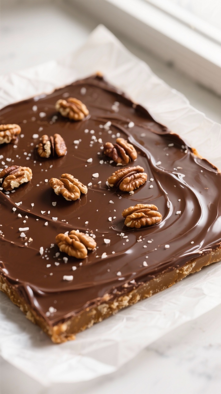 Tasty top view: Overhead shot of the slab after chocolate spreading—silky, even layer of semi-swee