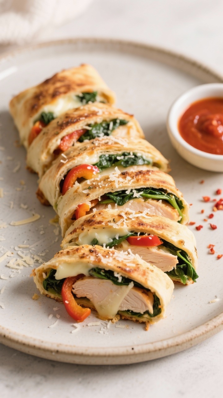 Tasty top view: Overhead shot of the stromboli after resting, sliced into 1–2 inch pieces and arra