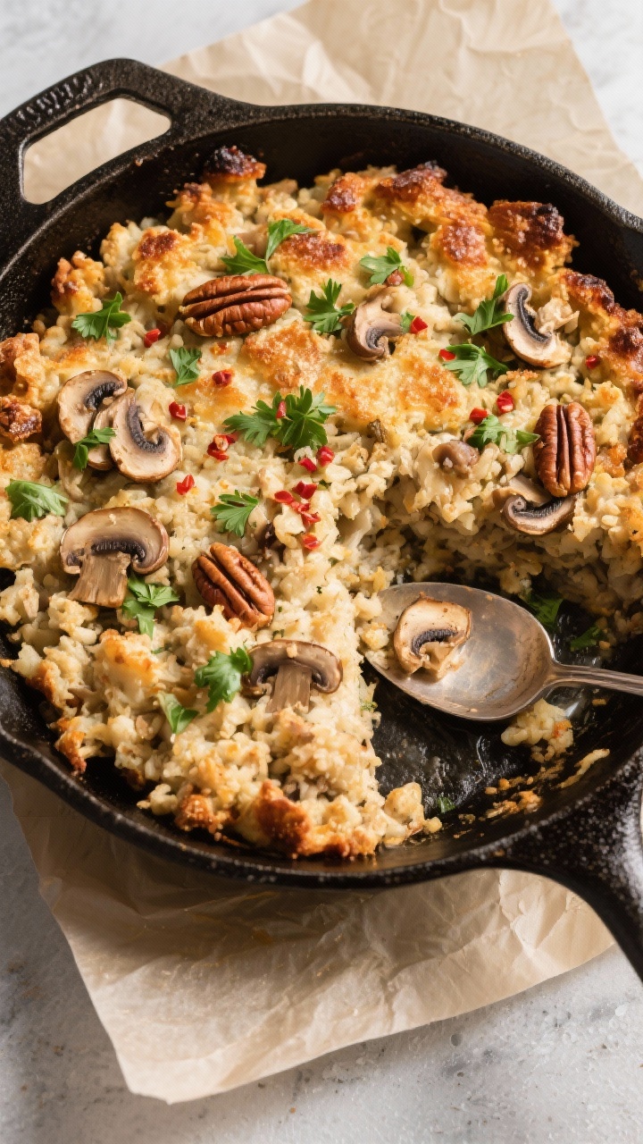 Tasty top view: Overhead shot of the stuffing baked in a skillet, top lightly golden with extra-cris