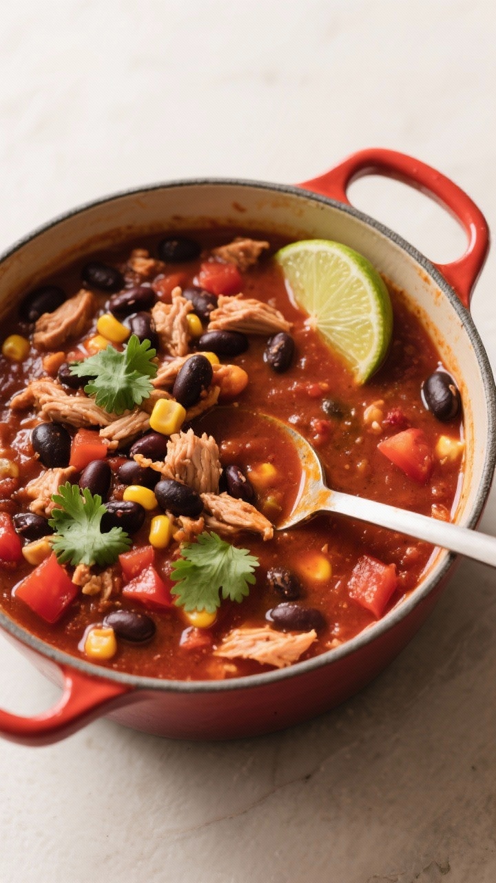 Tasty top view: Overhead shot of the turkey taco chili at a gentle simmer, thick and chunky with bla