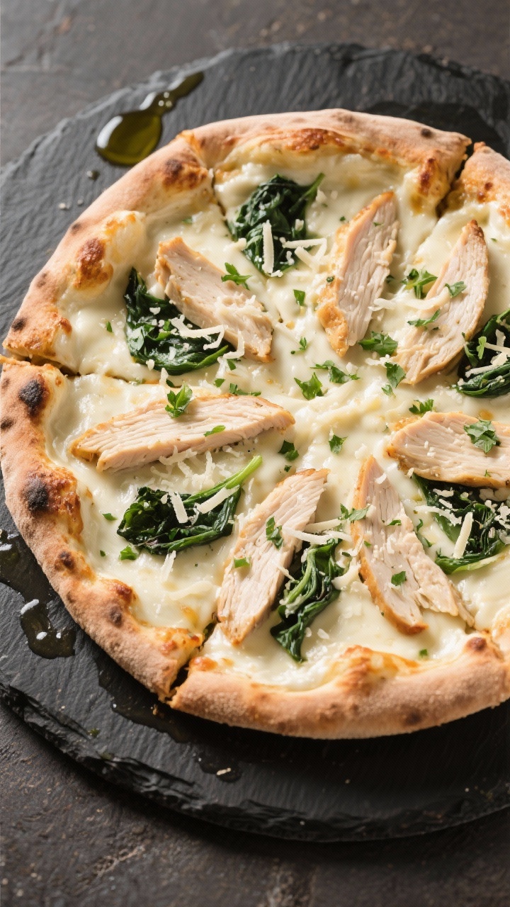 Tasty top view: Overhead shot of the whole Chicken Alfredo Pizza on a dark pizza steel or stone, sli