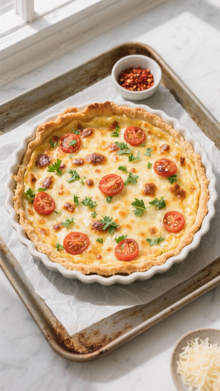 Tasty top view: Overhead shot of the whole quiche in a 9-inch pie dish on a parchment-lined baking s