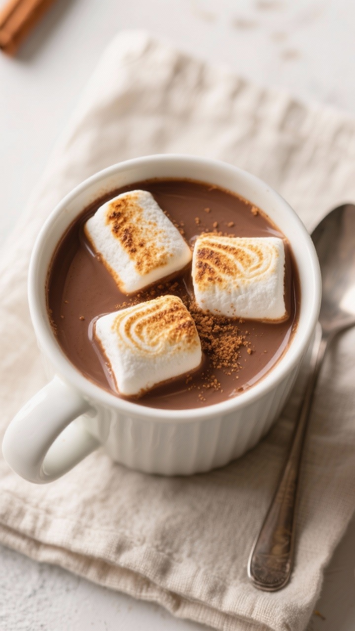 Tasty top view: Overhead shot of toasted sugar-free marshmallows floating in a mug of rich hot choco