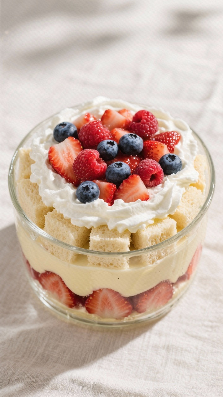Tasty top view: Overhead shot of trifle assembly in a clear glass bowl—precise layers of sponge cu